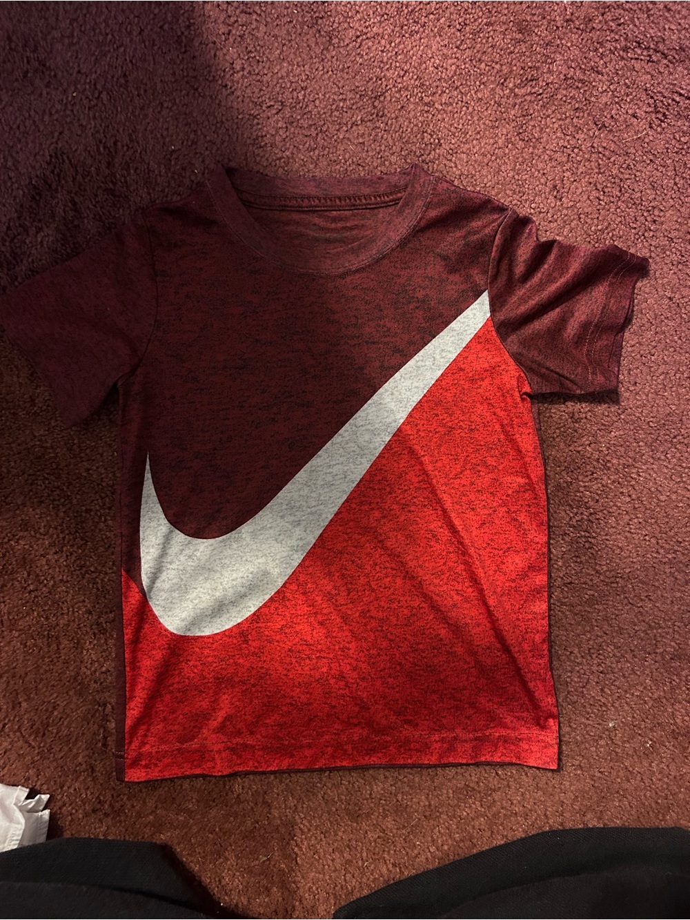 Nike Kids Red Maroon Short Sleeve Tee with Large White Swoosh